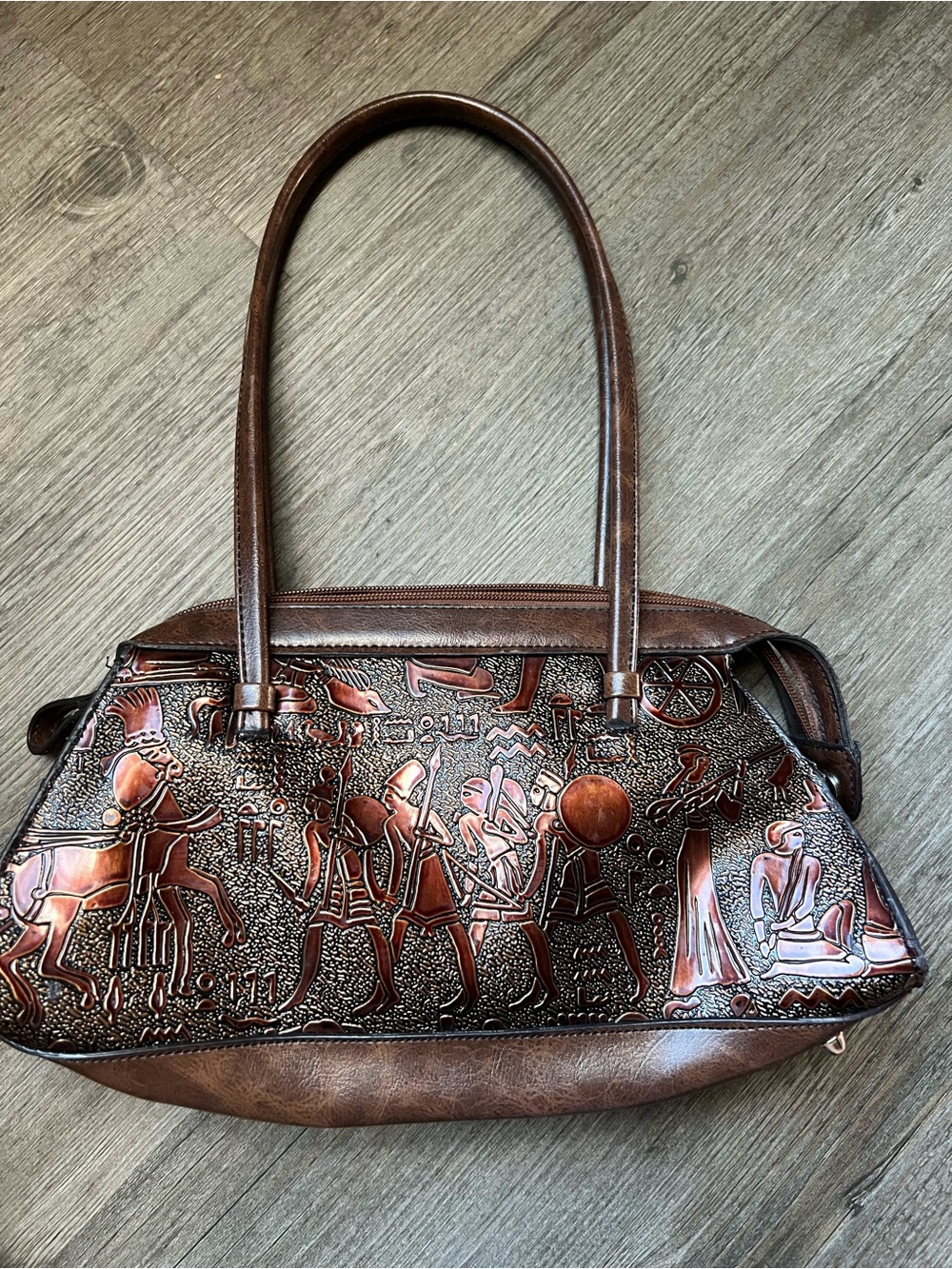 Vintage Embossed Egyptian Motif Brown Leather Hand Bag